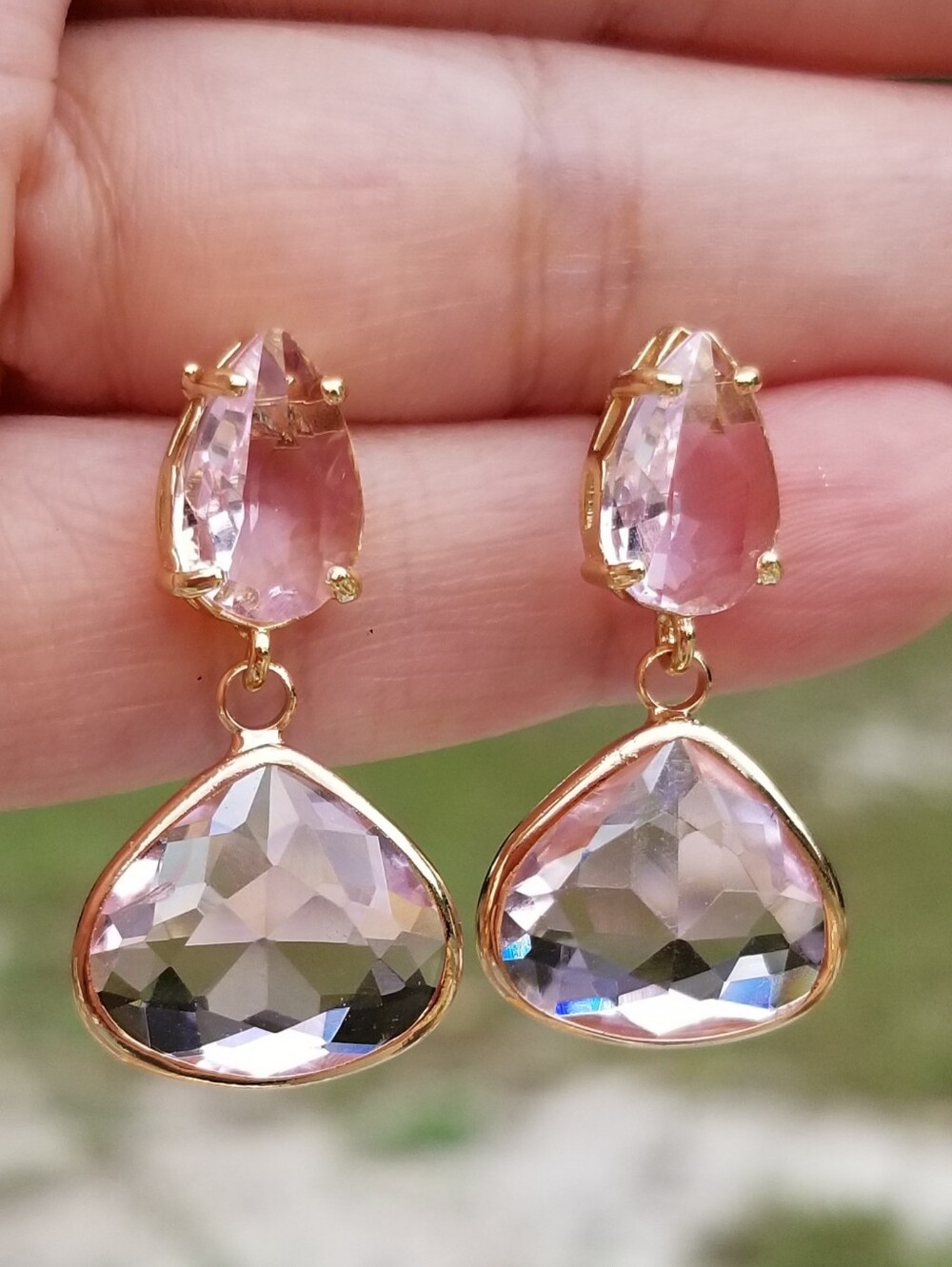 14k Gold Pink Tourmaline Stud Dangle Earrings, Handmade Pink Gemstone Earrings